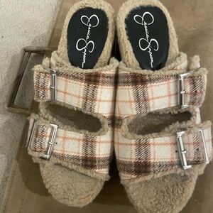 Jessica Simpson Beige and Brown Plaid Sandals